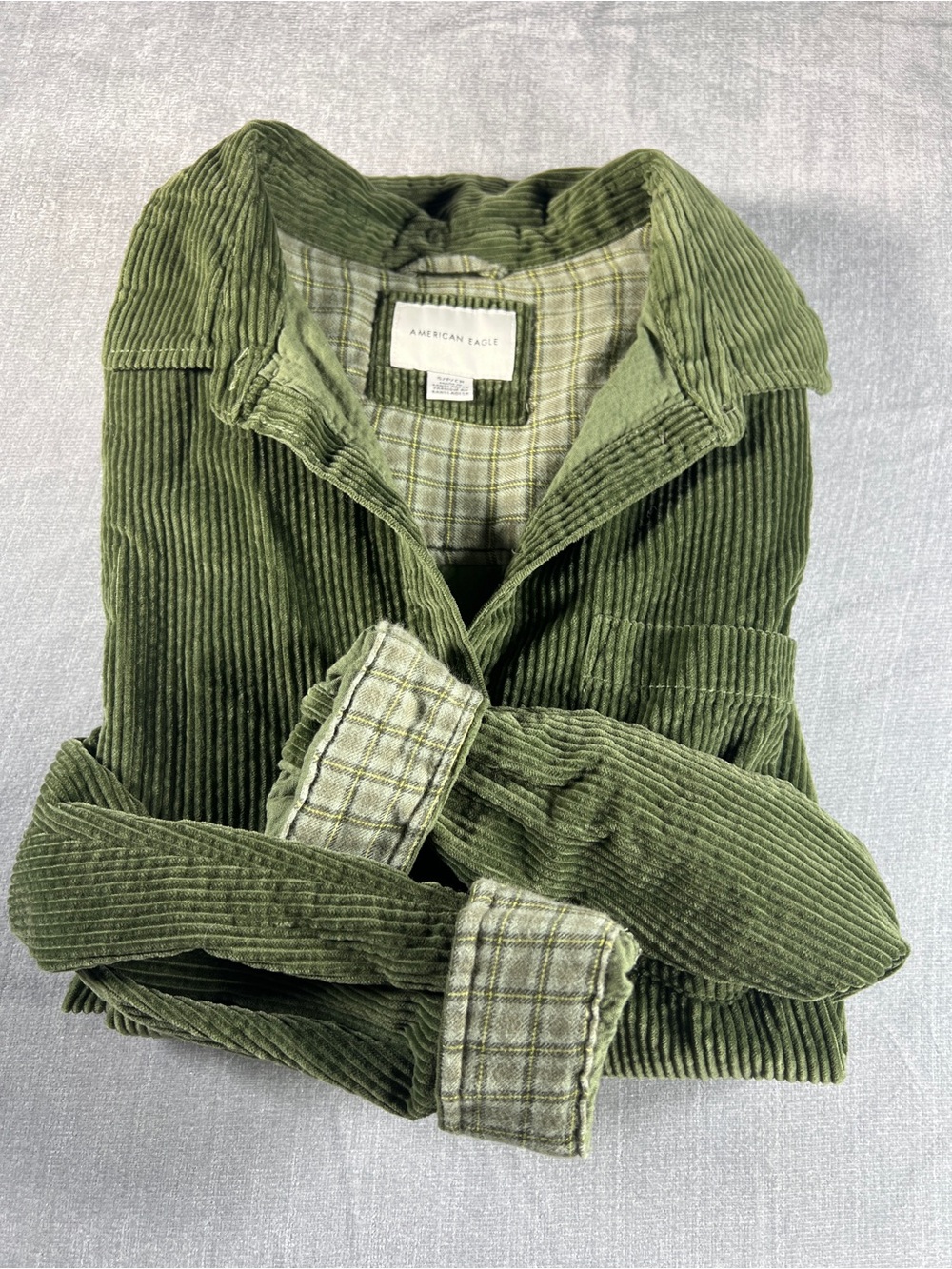 American Eagle Women’s Green Corduroy Shacket Button-up with Plaid Lining